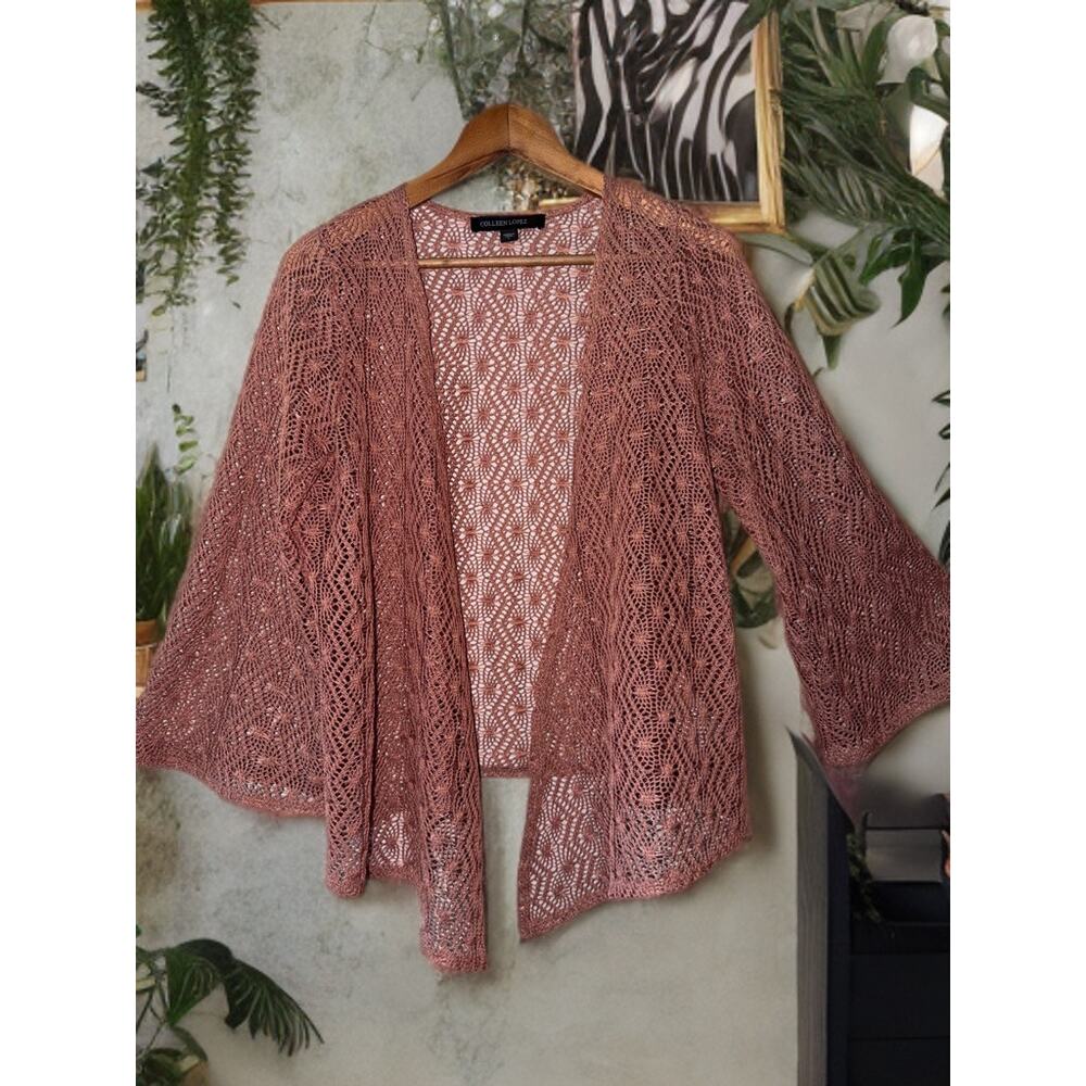 Colleen Lopez Mauve Crochet Knit Bell Sleeve Boho Cardigan L